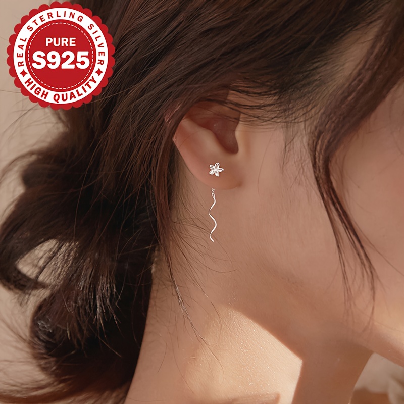 S925 Pure Silvery Five Flower Wave Ear Wire
